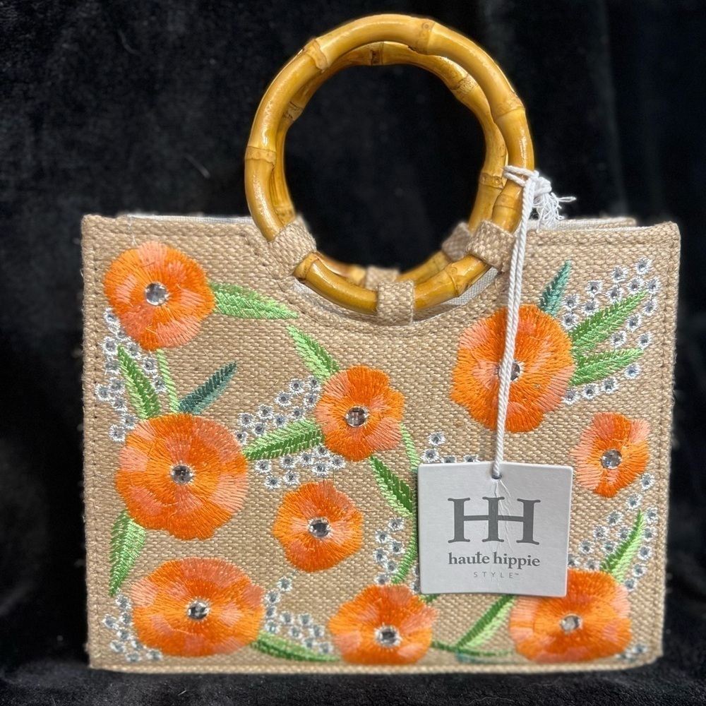 💐Haute Hippie Orange Floral Rhinestone accent Tote with Bamboo Handles-💐NWT - Picture 3 of 13